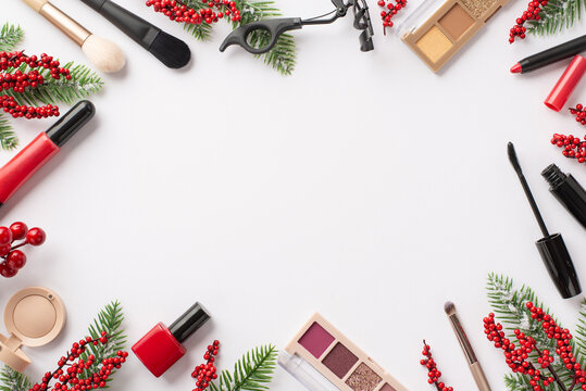 Top view photo of decorative cosmetics lip gloss nail polish mascara eyeshadow palettes brushes eyelash curler pine branches mistletoe berries on isolated white background with copyspace in the middle