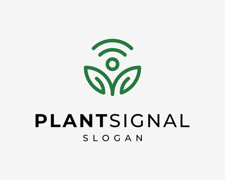 Plant Leaf Green Foliage Nature Signal Wave Wireless Connection Simple Line Icon Vector Logo Design