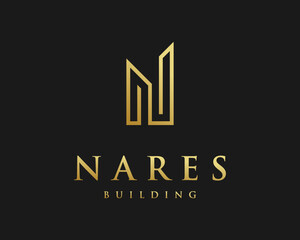 Skyscraper Tower Architecture Urban City Building Gold Royal Luxury with Letter N Vector Logo Design