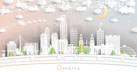 Omaha Nebraska City Skyline in Paper Cut Style with Snowflakes, Moon and Neon Garland.