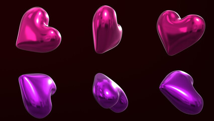 Set of 3D hearts of mix color  wedding marriage ceremony and Valentine's Day celebration concept: red glossy shiny heart shape isolated on black background with luma white and black key 3D rendering