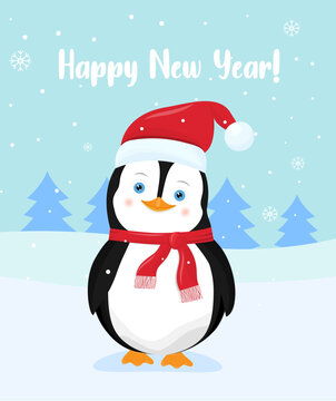 New Year's card with a penguin in a red hat with a bell and a red scarf on the snow.