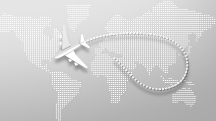 Plane flying on the world's map leaving a trail behind. The plane makes on white map background and and flying away from screen. World travel, vacation. transport shipping 3D rendering