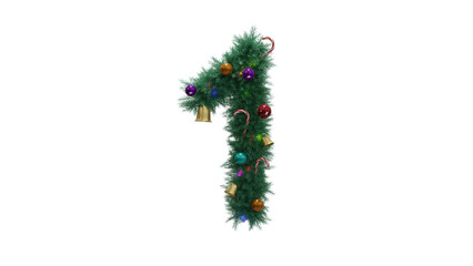 Number 1 from Christmas tree twigs and decorations on transparent background. Christmas or New Year alphabet. Numbers from Christmas tree branches with decorations. 3d illustration