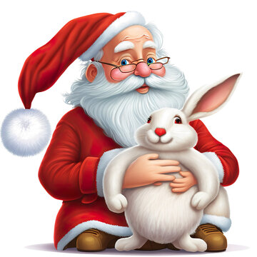 Santa claus with a beautiful bunny and roller in cartoon funny style. Handsome cheerful santa smiles. Children's drawings and toys. Christmas logo.