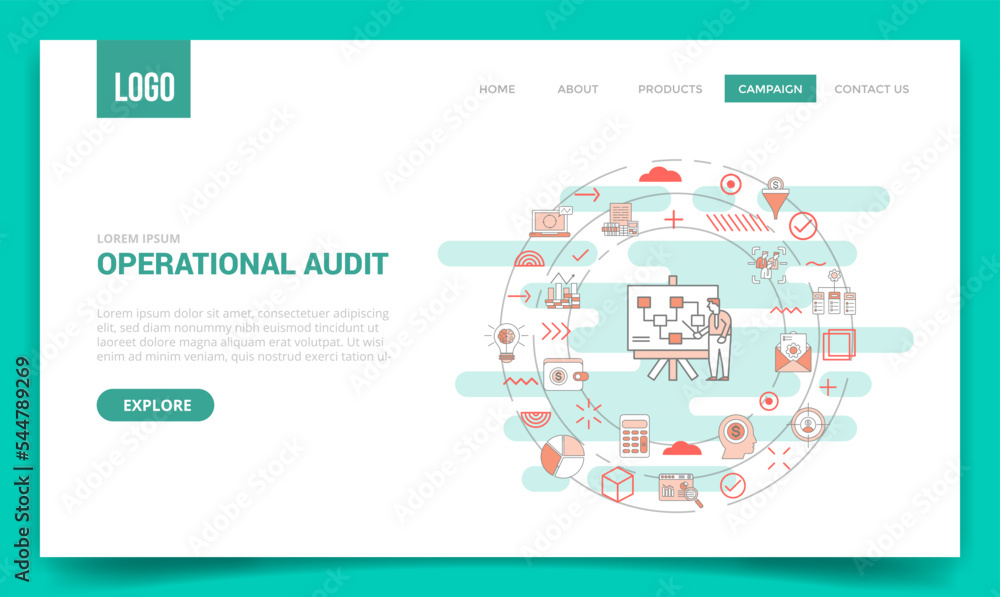 Poster operational audit concept with circle icon for website template or landing page homepage
