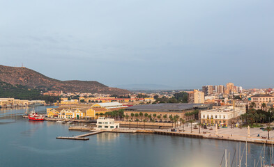 Fototapeta na wymiar Aerial View of the Marina and Port in a historic city of Cartagena, Spain. Sunny Morning.