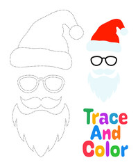 Beard with christmas hat and glasses, tracing worksheet for kids