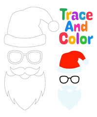 Beard with christmas hat and glasses, tracing worksheet for kids