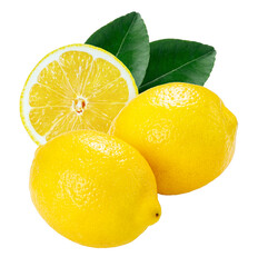 Lemon with leaf on a white background, Slice of lemon on white background PNG File.