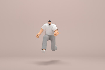The man with beard wearinggray corduroy pants and white collar t-shirt.  He is running. 3d rendering of cartoon character in acting.