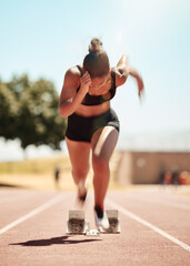 Woman runner, competition race and athlete performance, power and cardio fitness on stadium running...