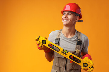 Young male handyman holding construction spirit level on yellow background