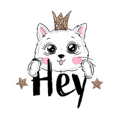 Cute Cat girl princess with crown in greeting and say Hey. Hand drawn character art illustration in cartoon style as logo, sticker or print t shirt