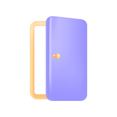 Open three-dimensional purple door icon. Opening or closing door as symbol of home, opportunity or future 3D vector illustration on white background. Challenge, goal, freedom concept