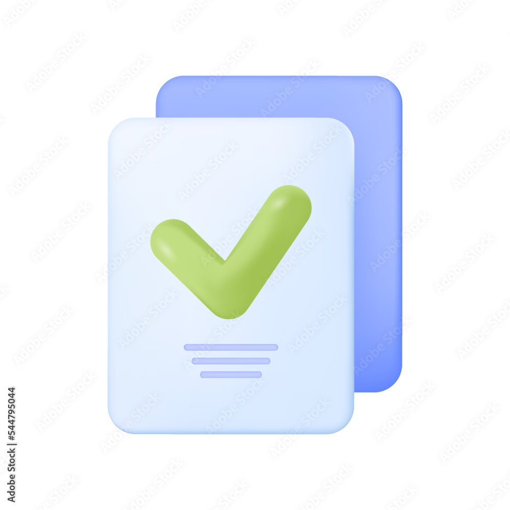 Aufkleber documents or files with green checkmark 3d icon. papers or form for job application, certificate or 