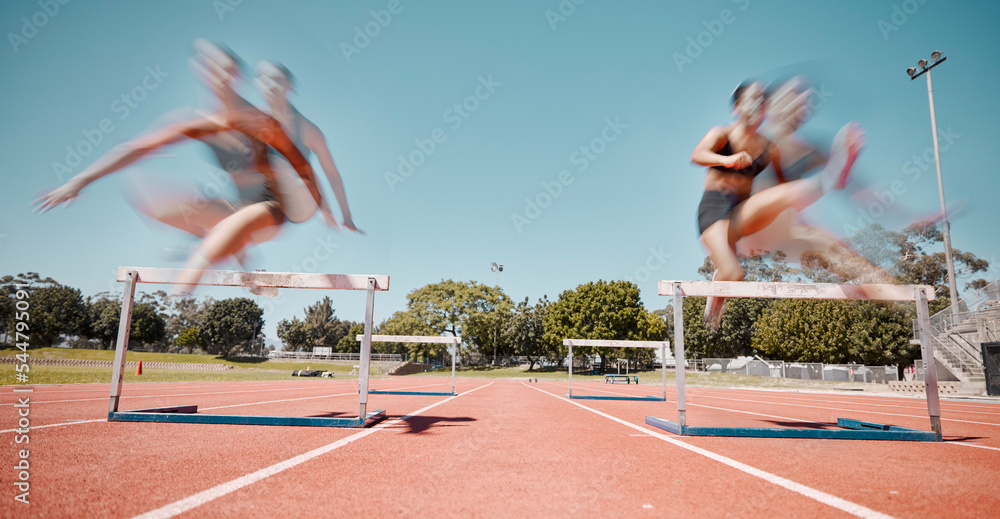 Poster Fitness, jump or running women in a hurdles sports competition or athletes racing event with speed. Training, exercise and fast girl sprinters jumping in a track and field race at a runners stadium