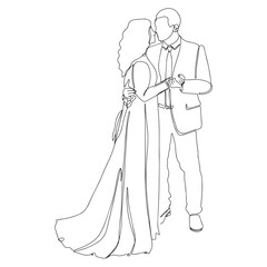 Continuous line drawing of Couples who love each other get married. Newlyweds holding hands, hugging. Element for wedding invitations isolated on white background. Vector illustration
