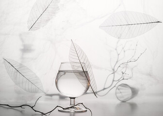 Modern still life with glass and decorative leaves