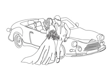 A continuous linear drawing of couples who love each other getting married. The newlyweds are standing by a convertible car. An element for wedding invitations, highlighted on a white background.
