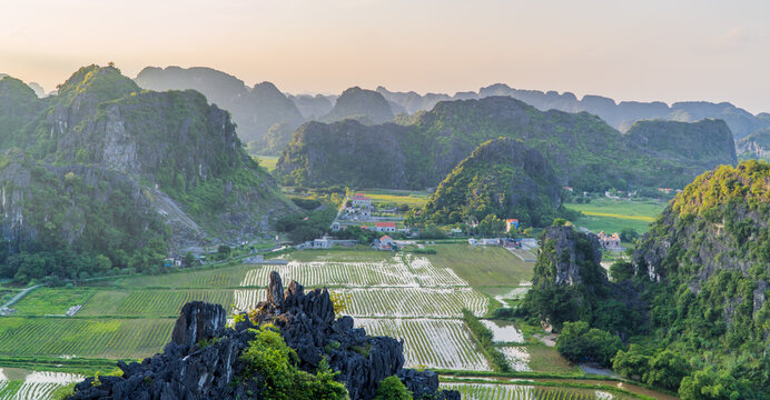 Aerial panorama sunset view of landscapes and lotus fields in Ninh Binh, Vietnam
