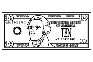 US 10 Dollar bill. Vector line art illustration.