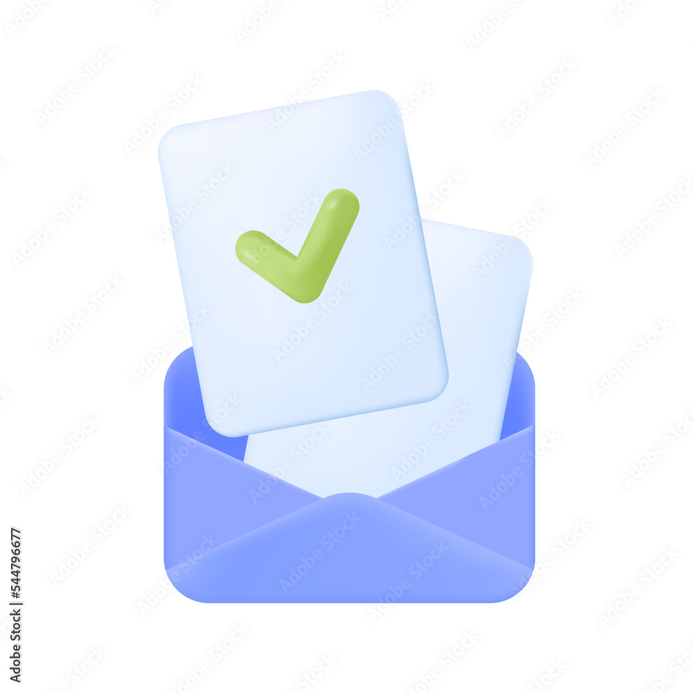 Poster documents with checkmarks in blue envelope 3d icon. business e-mail or letter with information or ta