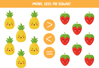 More, less or equal with cute cartoon fruits and berries.
