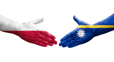 Handshake between Nauru and Poland flags painted on hands, isolated transparent image.