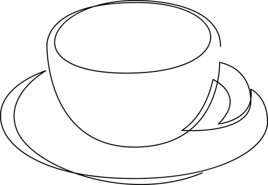 Continuous single line drawing of a cup of coffee on a plate for logo label. Tea shop emblem. Modern one line draw design vector illustration.
