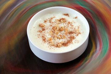 Traditional Turkish dessert sutlac. Made with rice, sugar and milk