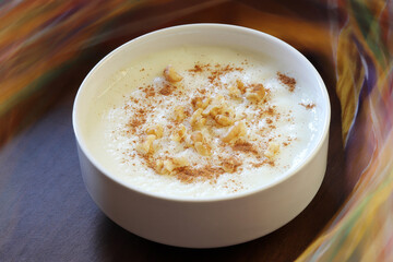 Traditional Turkish dessert sutlac. Made with rice, sugar and milk