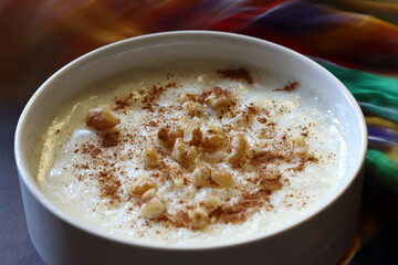 Traditional Turkish dessert sutlac. Made with rice, sugar and milk
