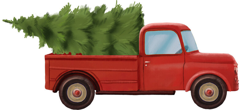 Vintage Illustration Christmas Red Truck With A Christmas Tree