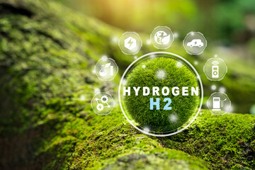 Close up earth on nature background with icon H2 Fuel Modern Manufacturing. Hydrogen green clean...