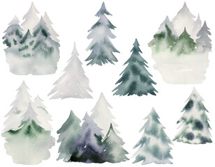 Fototapeta premium Set of watercolor winter fir trees. Hand drawn illustration.