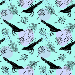 Animal seamless pattern with birds and plants. Hand drawn sketch style. Nature Background