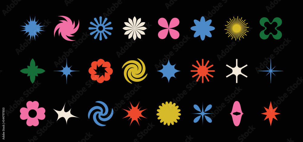 Poster Vector set of minimalist brutalist design elements, futuristic shapes and geometric figures and stars - abstract background elements for branding, packaging, prints and social media posts