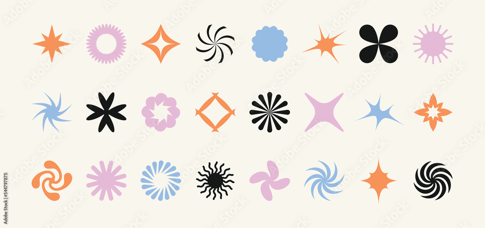 Poster Vector set of minimalist brutalist design elements, futuristic shapes and geometric figures and stars - abstract background elements for branding, packaging, prints and social media posts