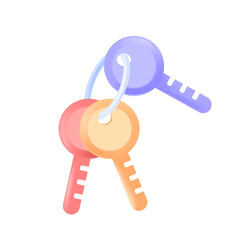 Purple, yellow and red keys hanging on metal ring 3D icon. Colorful home or office keys 3D vector illustration on white background. Privacy, secret, safety, security, protection, access concept