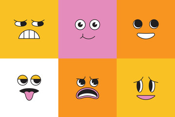 Vector cartoon faces, abstract design mascots - y2k stickers and badges, happy, angry expressions