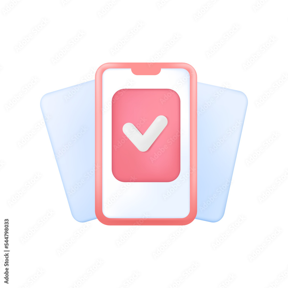Poster papers and pink smartphone with checkmark on screen 3d icon. e-mail application or service for mobil