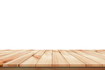 old wooden table isolated on transparent background For product placement empty dark wood shelves