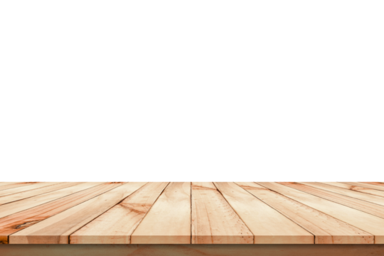 old wooden table isolated on transparent background For product placement empty dark wood shelves
