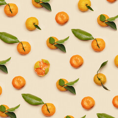 Ripe fresh orange yellow tangerines with green leaves, whole and peeled on beige background, trendy pattern. Citrus fruits mandarins, still life aesthetic photo, creative layout, vegan food