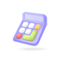 Purple calculator for school or work 3D icon. Tool for counting numbers at math class or workplace, accounting equipment 3D vector illustration on white background. Education, economy concept