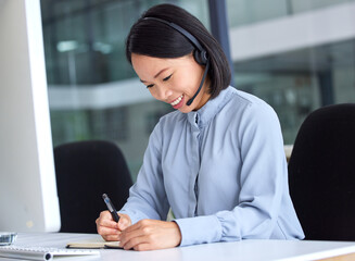 Call center, customer service and writing with an asian woman consultant working in a telemarketing...