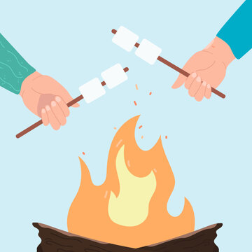 Roasting marshmallow on fire flat vector illustration. Hands holding sticks with marshmallow over bonfire. People spending time outdoor. Summer camp, fireplace, recreation concept