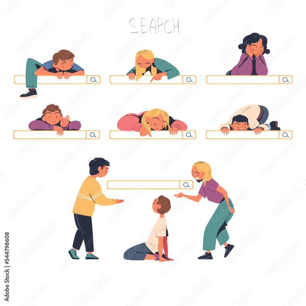 Aufkleber people characters using search bar looking for information online vector set