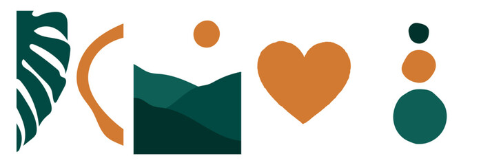 Collection of modern simple abstractions in boho style: monstera leaf, geometric shapes (circles), heart and landscape (mountains and sun) on a white background © Soap Dish